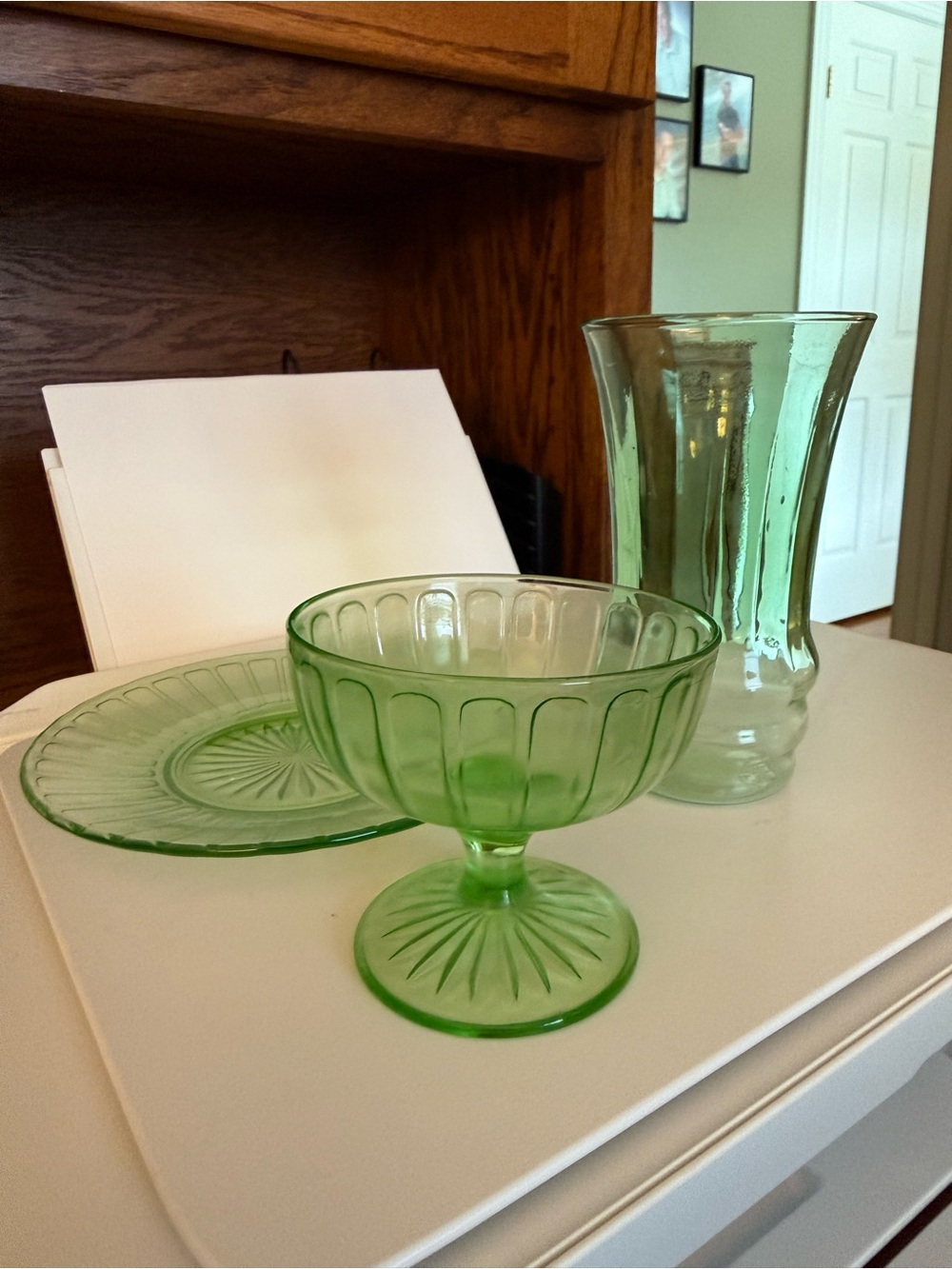 Depression Green Glass Dessert Compote, Plate and Glass/Vase